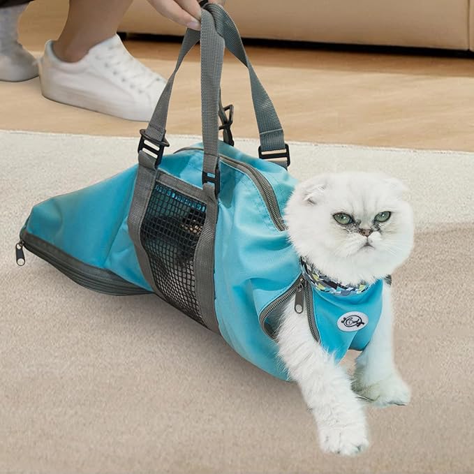 Cinf Cat Nail Clipping Cleaning Grooming Restraint Bag No Scratching Biting for Nail Trimming Injecting Examining(Blue,L)