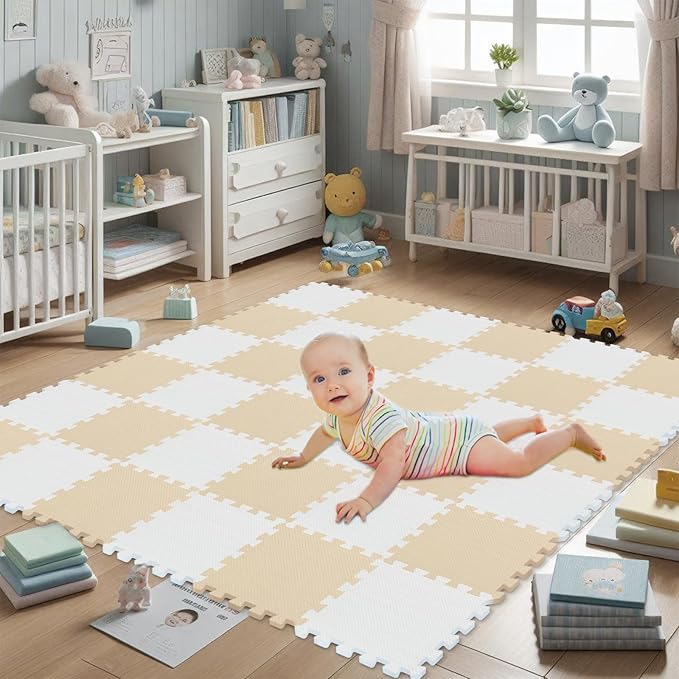 qqpp EVA Rubber 18 Tiles Interlocking Puzzle Foam Floor Mats - Baby Play Mat for Playing | Exercise Mat for Home Workout. White, Beige. QC-AJb18N