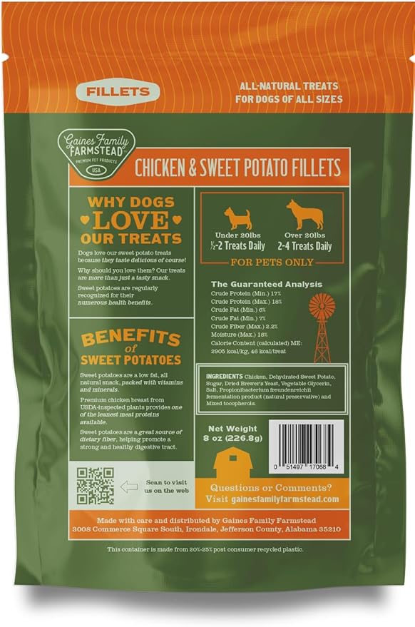 Gaines Family Farmstead Chicken & Sweet Potato Fillets for Dogs - 8 oz Pouch, Soft Chew, All-Natural, Grain-Free, Healthy Dog Treats for All Ages & Breeds, Made in USA