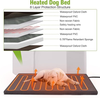 GUTINNEEN Heated Dog House Outdoor Dog Kennel with Safe Heated Pad, Chew-Proof Metal Frame and Rotating Food Bowl for Small to Medium Dogs, 39.7"x25.5"x32.2" (Light Brown)