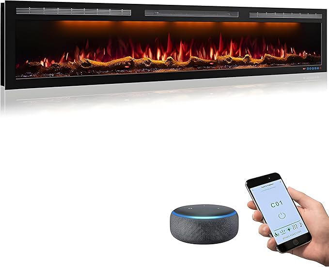 72 Inch WiFi-Enabled Electric Fireplace Inserts & Wall Mounted, Slim Electric