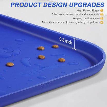 SMILOOL Waterproof Silicone Pet Food Mat with Raised Edge for Dog & Cat | 24" x 16" Non-Slip Pet Feeding Mats with Lip for Food & Water Bowl, Food Grade, Easy Cleaning, Navy Blue