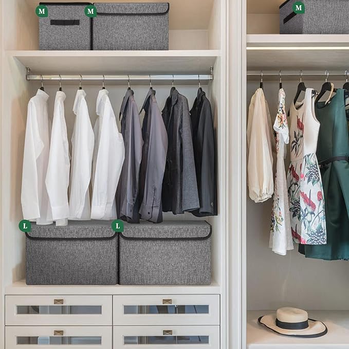 Large 42 Quarts Fabric Storage Bins with Lids [2-Pack] Linen Collapsible Foldable Storage Cubes, Closet Organizer Containers boxes with Handles for Home Office (16.7 x 12 x 12, Gray)