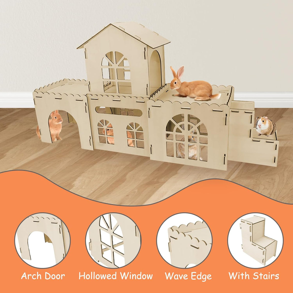 YUEPET Extra Large Wooden Rabbit Hideout Castle Detachable Bunny Tunnel Hut with Ramp Small Animal Houses & Habitats for Outdoor Indoor Rabbit Guinea Pig Chinchilla Ferret Hamster to Rest Hideawy Play