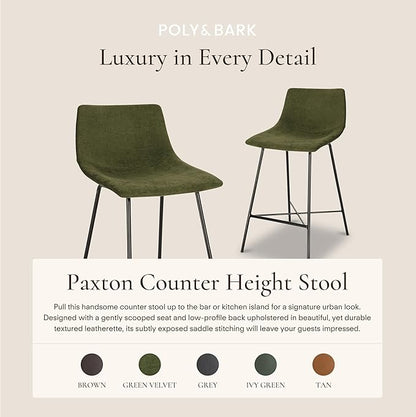 Poly & BARK Paxton Leather Counter Stools 24 Inches – Set of 3 - Counter Height Bar Stools – Barstools for Kitchen Island or Counters – Faux Leather & Matte Black Steel Base – Distressed Green Velvet