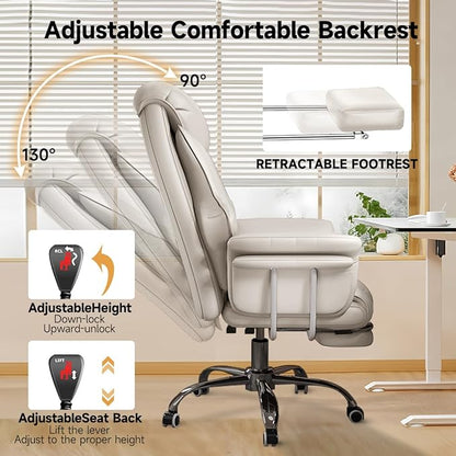 HDHNBA Big and Tall Office Chair 550 lbs Extra Wide Leather Executive Chair with Retractable Footrest, Heavy-Duty Ergonomic Chair, Adjustable Height Computer Gaming Chairs