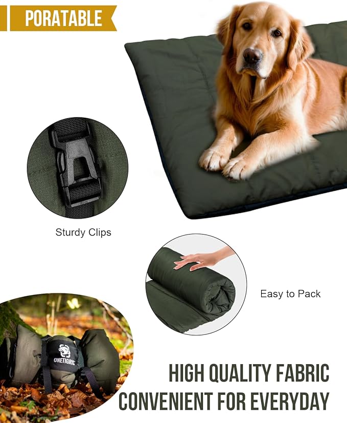 ONETIGRIS Large Dog Bed Washable Matteress Anti Slip Cushion for Pets Sleeping, 3.6ft by 2.2ft Water-Resistant Pet Bed for Indoor Outdoor(Green) | Foldable travel mat for dogs with soft insulated filling. Collapses compact for camping trips. Easy clean...
