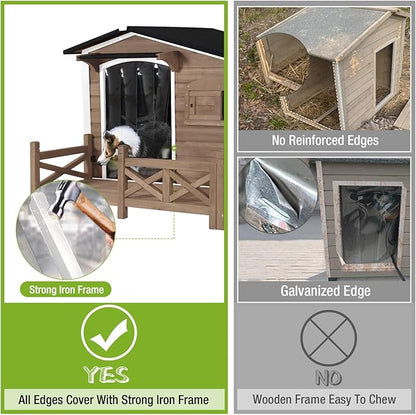 GUTINNEEN Outdoor Wooden Dog House with Metal Frame, Porch and Ventilation Window, Weatherproof Shelter for Small to Medium Dogs, 44.6" L x 41.1" W x 32.9" H (Dark Brown)