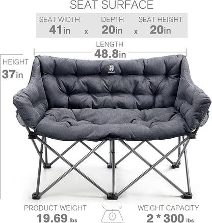 EVER ADVANCED Double Camping Chair for Adults, Padded Folding Camping Love Seat Bench with Side Pocket Portable Camping Couch, Two Person Heavy Duty Folding Outdoor Chair with Cushion,Support 600lbs