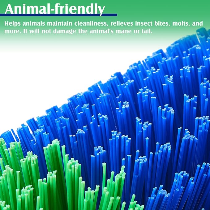 3 Pack Livestock Scratching Brush, Blue and Green | Animal Scratcher, Itch Relief Grooming, Horse Goat Cow Scratcher, Fence Post Mounting, Durable Bristles, Farm Livestock Care