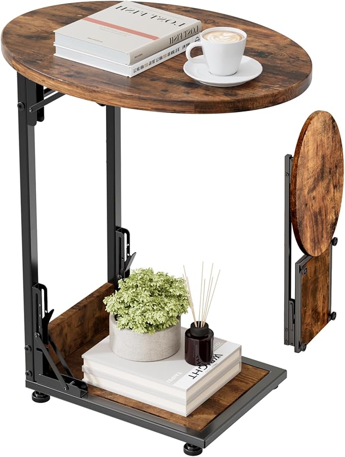 Elbourn Folding Side Table End Couch Tables,Metal Frame C-Shaped TV Stand for Sofa Living Bedroom Bedside Coffee Small Spaces(Vintage Wood Color)