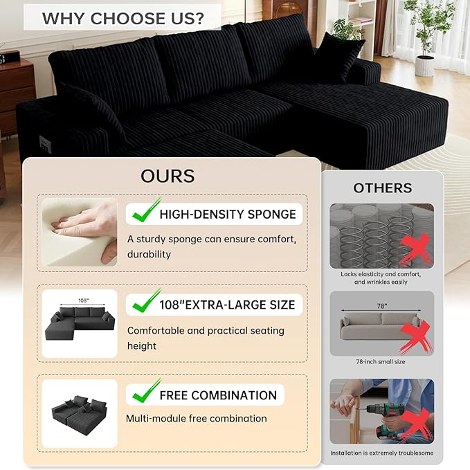 108" U Shaped Sectional Couch with Ottoman, Corduroy Modular Sectional Sofa with Deep Seat, Modern Modular L-Shape Sofa Couch with Chaise,Upholstered Boneless Couches for Living Room Bedroom