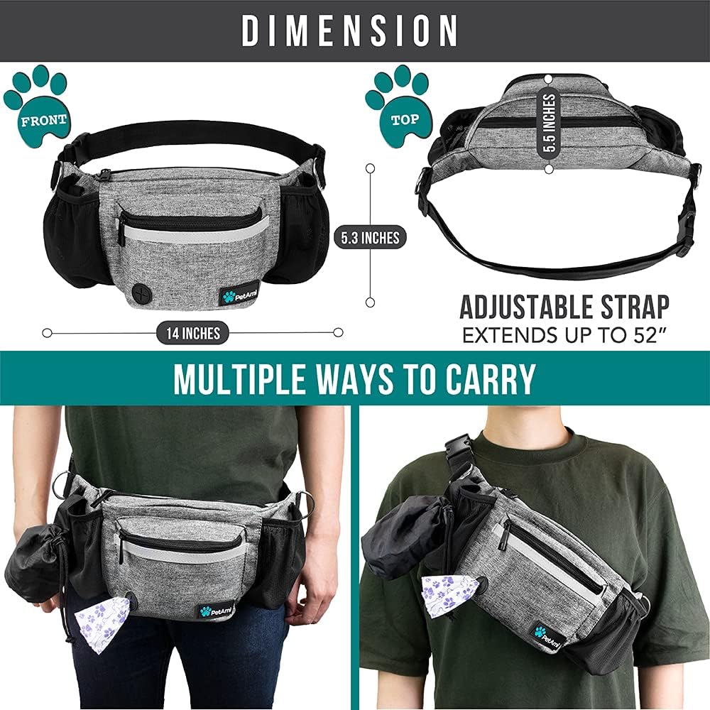 PetAmi Dog Fanny Pack, Treat Pouch for Dog Walking, Training, Built in Poop Bag Dispenser, Water Bottle Holder, Collapsible Bowl, Pet Treat Waist Belt for Hiking, Running, Kibbles (Grey)
