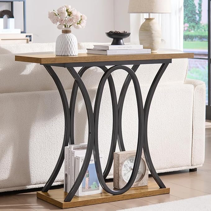 BedsPick Entryway Console Table, 40 Inch Narrow Wood Hallway Table Foyer Table Behind Couch, Sofa Table with Metal Legs and 1.18 Thick Board (Brown)
