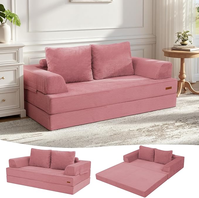 COMAX Convertible Sofa Bed, Folding Floor Couch Corduroy Fold Out Couch Bed Futon Sleeper Mattress with Pillows, Boneless Sofa Comfy Lounge Loveseat for Living Room Bedroom, Pink