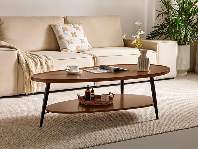 Saint Mossi Modern Coffee Table for Living Room, Mid-Century Oval Wood Coffee Table, Double Layer Center Table for Small Space, D47xW23.6xH15, Espresso