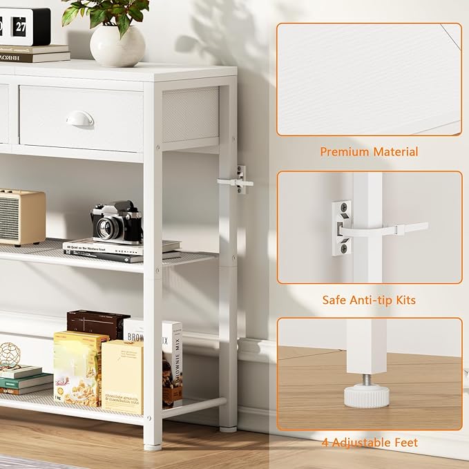 Furologee White Entryway Table, 38'' Console Sofa Table with 3 Fabric Drawers, Industrial Entry Way Table with Storage Shelves, Display Shelf for Living Room, Hallway, Entrance, Foyer