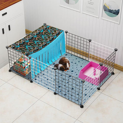 RIOUSSI Guinea Pig Hideout Hideaway Corner Fleece Toys Cage Accessories with Reversible Sides, Geo/Gray+Blue, 27"x14"x14"