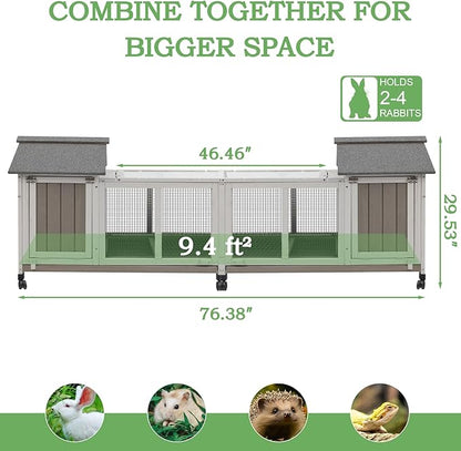 Gowoodhut 76.38"L Rabbit Hutch Indoor and Outdoor with 8 Wheels,Wooden Rabbit Cage with Pull Out Leak-Proof Tray for 2-4 Rabbits,Bunny Hutch with Asphalt Roof Suitable for Garden,Park,Living Room,Grey