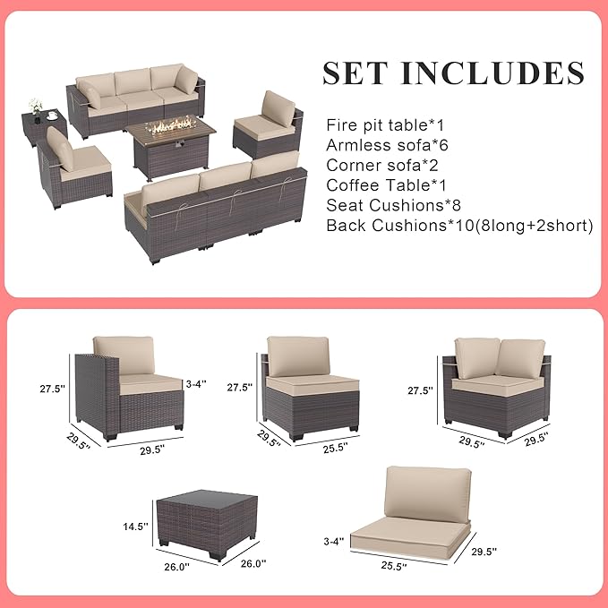 Gotland 10 Pieces Patio Furniture Set with Fire Pit Table, All Weather Rattan Outdoor Furniture with 29.5'' High Backrest 4’’ Thick Cushions Coffee Table, Outdoor Sofa for Deck, Garden, Khaki