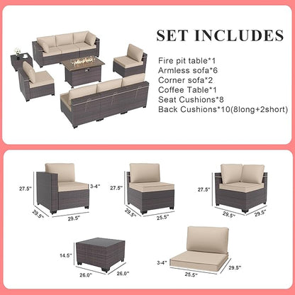 Gotland 10 Pieces Patio Furniture Set with Fire Pit Table, All Weather Rattan Outdoor Furniture with 29.5'' High Backrest 4’’ Thick Cushions Coffee Table, Outdoor Sofa for Deck, Garden, Khaki