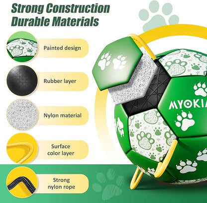 Size 2 Dog Soccer Ball with Straps Durable Training Ball for Pets Interactive Outdoor Dog Toy, Green & White, Paw Design, for Small & Medium Puppie