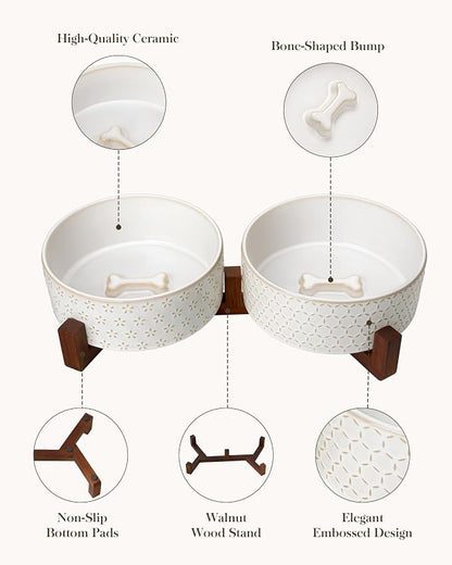 MALACASA Dog Bowl Set, Ceramic Bowls with Walnut Wood Stand, 6 Cups | Five-Leaf Grass and Honeycomb Design, Non-Slip Base, for Dogs, About 26% Heavier than Similar Ceramic Bowls
