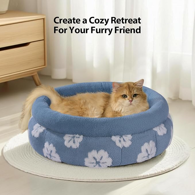 BALANCE Cat Beds for Indoor Cats, Washable Round Cat Bed, Cute 3D Flower Kitten Bed with Anti-Slip Bottom for Puppy and Kitten, 20 Inches, Blue