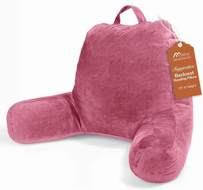 Sasttie Reading Pillow, Velvet Back Pillow for Bed Sitting Up, Adult Back-Rest Support Cushion with Arms for Sit Up on Couch, Sofa, and Floor, Dorm Essentials, Reading Accessories, Rose Pink