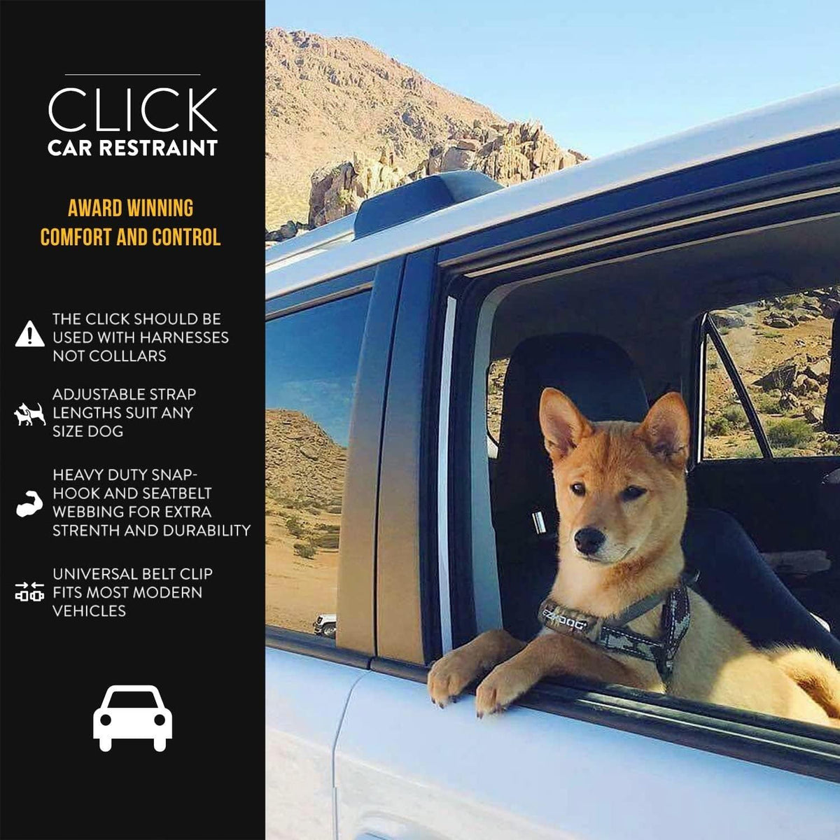 EzyDog CLICK – Dog Seat Belt for Car, Dog Harness Adjustable Seatbelt Attachment – Heavy Duty Nylon Seat Belt Webbing (17.5in - 26in)