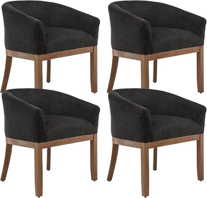 Shenyon Mid Century Modern Dining Chairs Set of 4, Upholstered Linen Fabric Dining Room Chairs with Arms and Solid Wood Legs, Comfy Barrel Accent Chairs for Dining Room, Living Room, or Cafe,Black