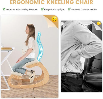 Giantex Ergonomic Kneeling Desk Chair, Rocking Knee Chair with Cushion & Solid Wood Frame, Natural Relief for Neck or Back Pain, Posture Chair for Desk, Home, Office, Max Load 330 Lbs (Beige)