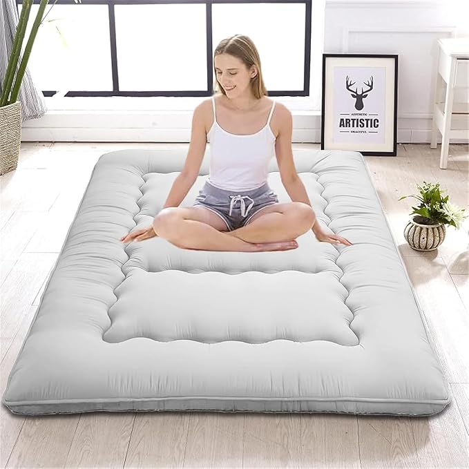 Japanese Floor Mattress,Thicken Japanese Floor Sleeping Pad Foldable,Roll Up Tatami Mat Easy to Store and Portable,Futon Mattress Suitable for Camping and Guest Room (Light Gray, Full (80" X 47"))