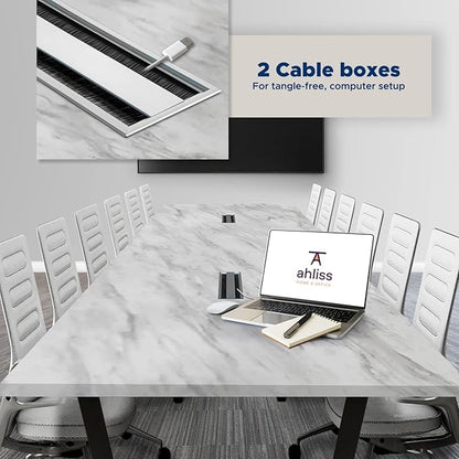 ahliss Sturdy Conference Table with Cable Management Grommets Modern Rectangle Office Meeting Table with Wood Tabletop and Metal Frame & Legs- Easy Assembly Boardroom Table (White Marble, 12 Foot)