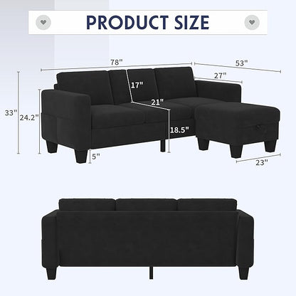 ZeeFu Convertible Sectional Sofa Couch: Classic 3 Seat L-Shaped Sectional Sofa Couches with Storage Ottoman - Modern Black Velvet Upholstered Sofa Set for Living Room Office Small Space Apartment