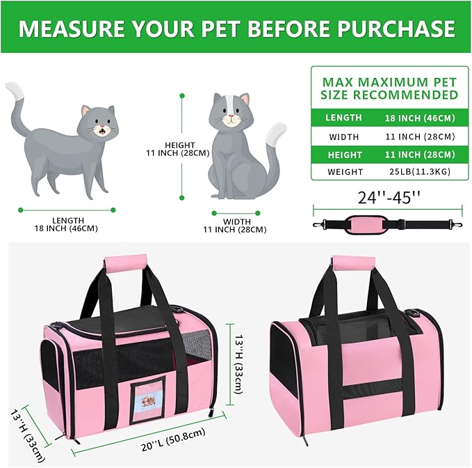 20" Large Cat Carrier Soft Sided for Cats Under 25 lbs, Folding Dog Carrier 20" Carrier for 2 Cats Travel Carrier - Pink
