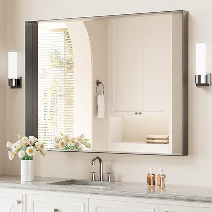 Koonmi 30x40 Inch Black Metal Framed Bathroom Mirror