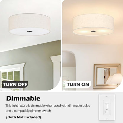 12.6 Inch Flush Mount Ceiling Light 2-Light Drum Modern Black Light Fixture Ceiling Light Fixture Close to Ceiling Light Fixture with Fabric Shade for Living Room Hallway Entryway Kitchen Bedroom