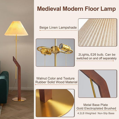 Wood Floor Lamp,Mid Century Modern Floor Lamp,Floor Lamps for Living Room, Height Adjustable Study Room,Bedroom,Office Gold Tall Standing Lamp