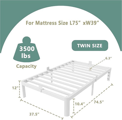 ITIMIDI 12 Inch White Twin Bed Frames, Metal Twin Size Platform Bed Frame with Round Corner Legs, Heavy Duty Steel Support 3500 LBS, Storage Space, No Box Spring Needed, Noise Free, Easy Assembly