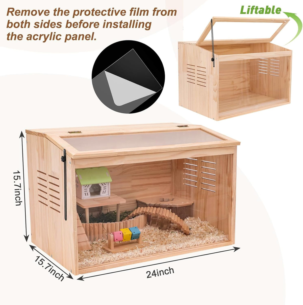 Wooden Hamster Cage,24" Lx16 Wx16 H,Animal Cabinet for Dwarf Syrian Hamsters Degus, Hamster Habitat with Openable Top and Large Acrylic Sheets.