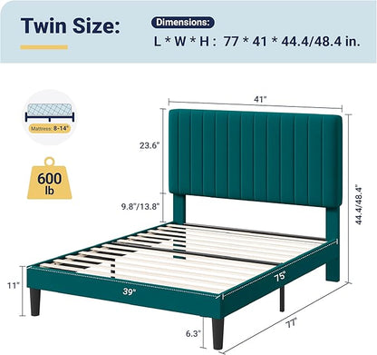 Allewie Twin Bed Frame, Velvet Upholstered Platform Bed with Adjustable Vertical Channel Tufted Headboard, Mattress Foundation with Strong Wooden Slats, Box Spring Optional, Easy Assembly, Teal