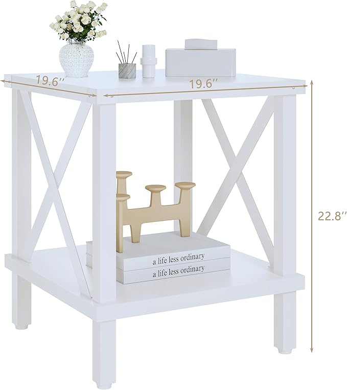 Large End Table Farmhouse Side Table Industrial Style Sofa Table Metal X Accent Wood Coffee Table NightStand with Storage Shelf for Living Room Bedroom White MLBZ16W