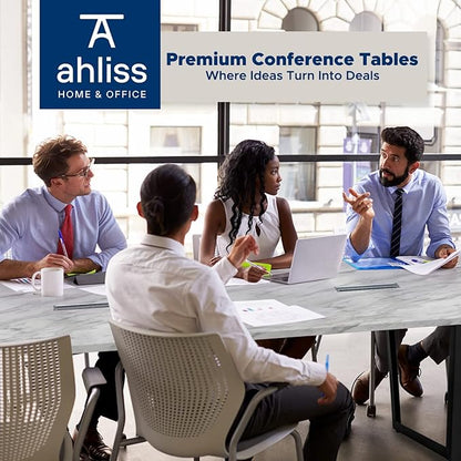 ahliss Sturdy Conference Table with Cable Management Grommets Modern Rectangle Office Meeting Table with Wood Tabletop and Metal Frame & Legs- Easy Assembly Boardroom Table (White Marble, 8 Foot)