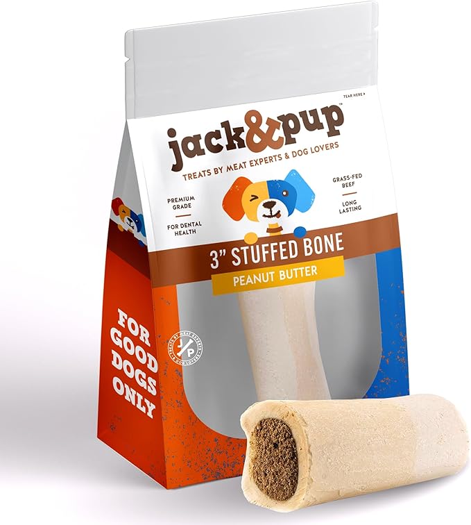 Jack&Pup 3-4" Filled Dog Bones for Small and Large Dogs, Flavored Dog Bone Long Lasting, Stuffed Shin Bones for Dogs, High Protein, Peanut Butter Flavor - 1 Pack
