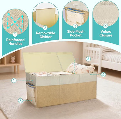 BALEINE Fabric Storage Bins with Lid, Collapsible Extra Large Storage Boxes Bins Baskets with Divider for Home Organizing (37.5"x13"x16", Pink&Beige)