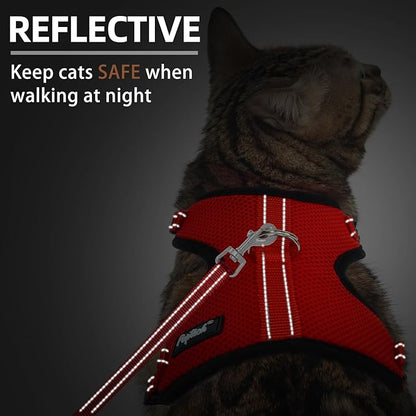PUPTECK Cat Harness and Leash Set Escape Proof, Reflective Adjustable Soft Mesh Kitten Vest Harness for Walking Travel, Red, S