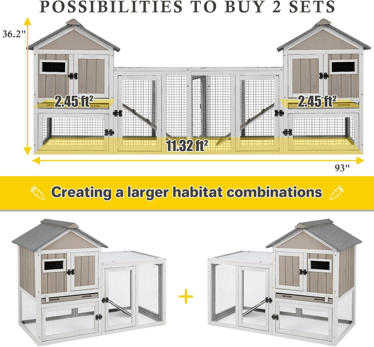 47''L Rabbit Hutch Outdoor Chicken Coop with Run, Wooden Indoor 2 Story Bunny House with Waterproof Roof, Pull Out Tray, Guinea Pig Rabbit Duck Cage for Small to Medium Animals and Pet Lover, Gray