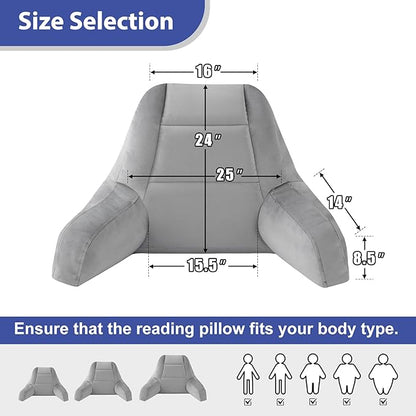 IASEAHK Reading Pillows for Sitting in Bed Adult, Back Pillow for Bed Sitting Up, Backrest Pillows with Shredded Foam for Adult&Teens, Support Pillow with Arms for Beds, Couch, Floor, 24in, Grey