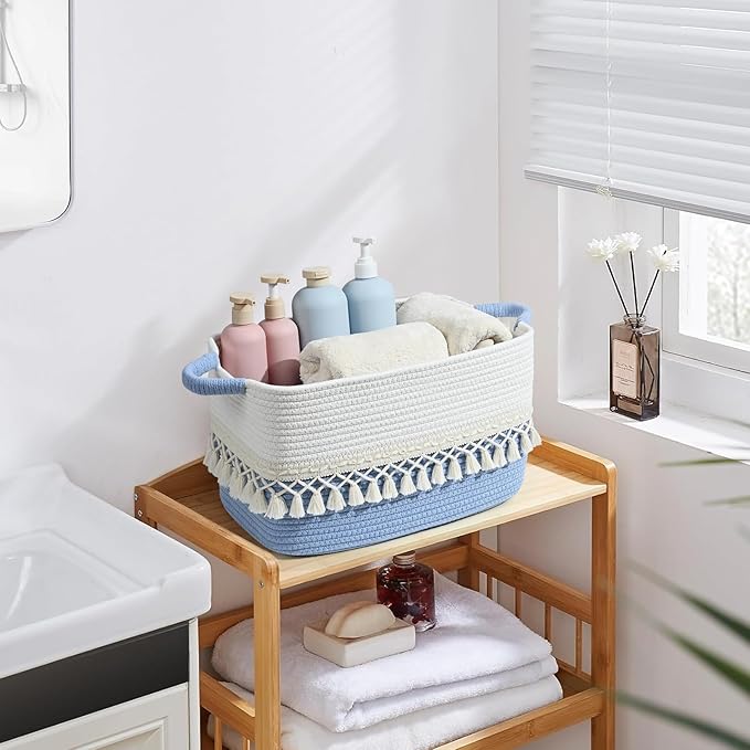3 Pack Storage Basket for Shelves, Boho Cotton Rope Storage Bins with Heavy Tassel, Shelf Baskets Large Woven Baskets for Organizing, Cube Organizer Bins, Baby Laundry Basket for Clothes, Toys, Pets